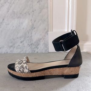 Jimmy Choo sandals with snakeskin strap & cork wedge heel